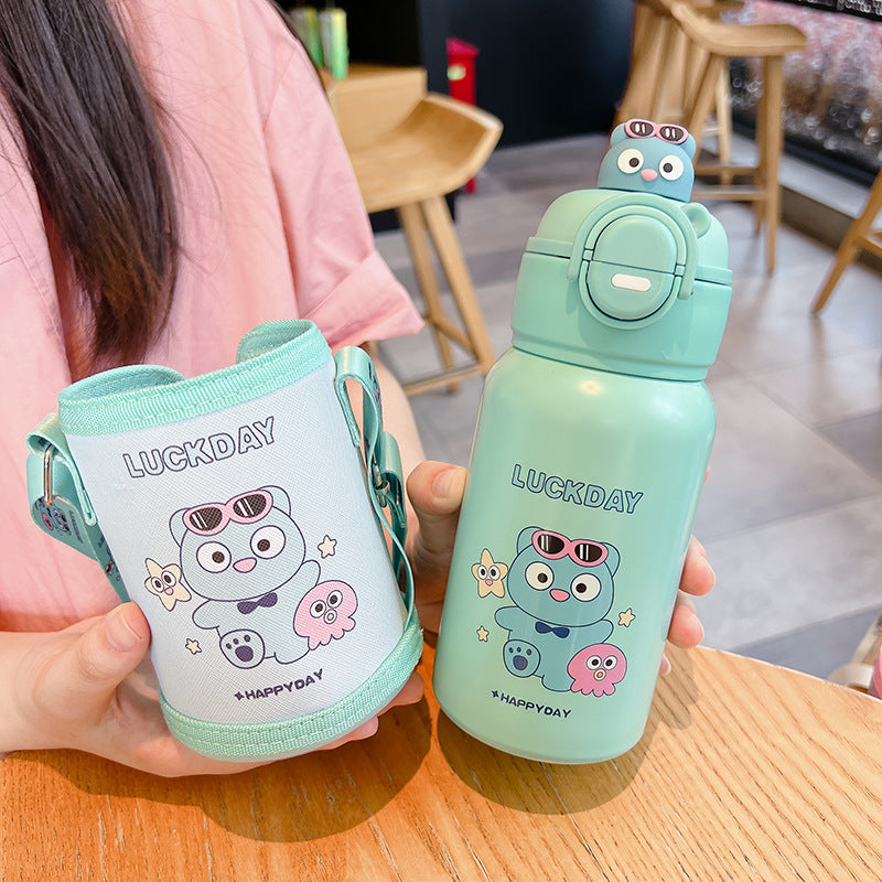 Cute and fun kids' insulated water bottle - 316 stainless steel, food-grade, cartoon design, portable student straw cup