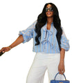 European and american women's clothing  autumn new sweet and fresh striped stand collar lantern sleeve blouse top