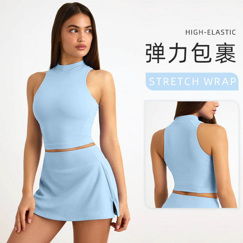 European and american cross-border seamless yoga outfit - summer activewear quick-dry sleeveless tank top and a-line skirt yoga set