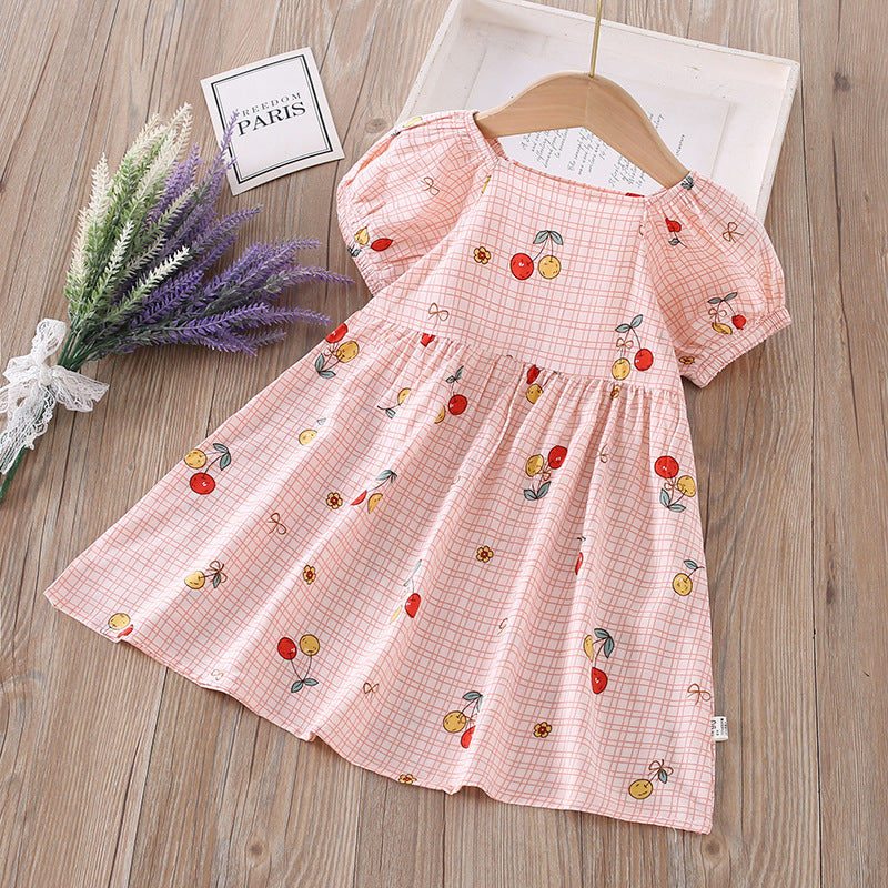 【matching family outfits】girls' cotton silk floral dress - princess style, stylish print, and puff sleeve skirt