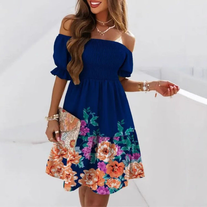 european and american independent station  new arrival short sleeve one-line collar waist pleated printingdress