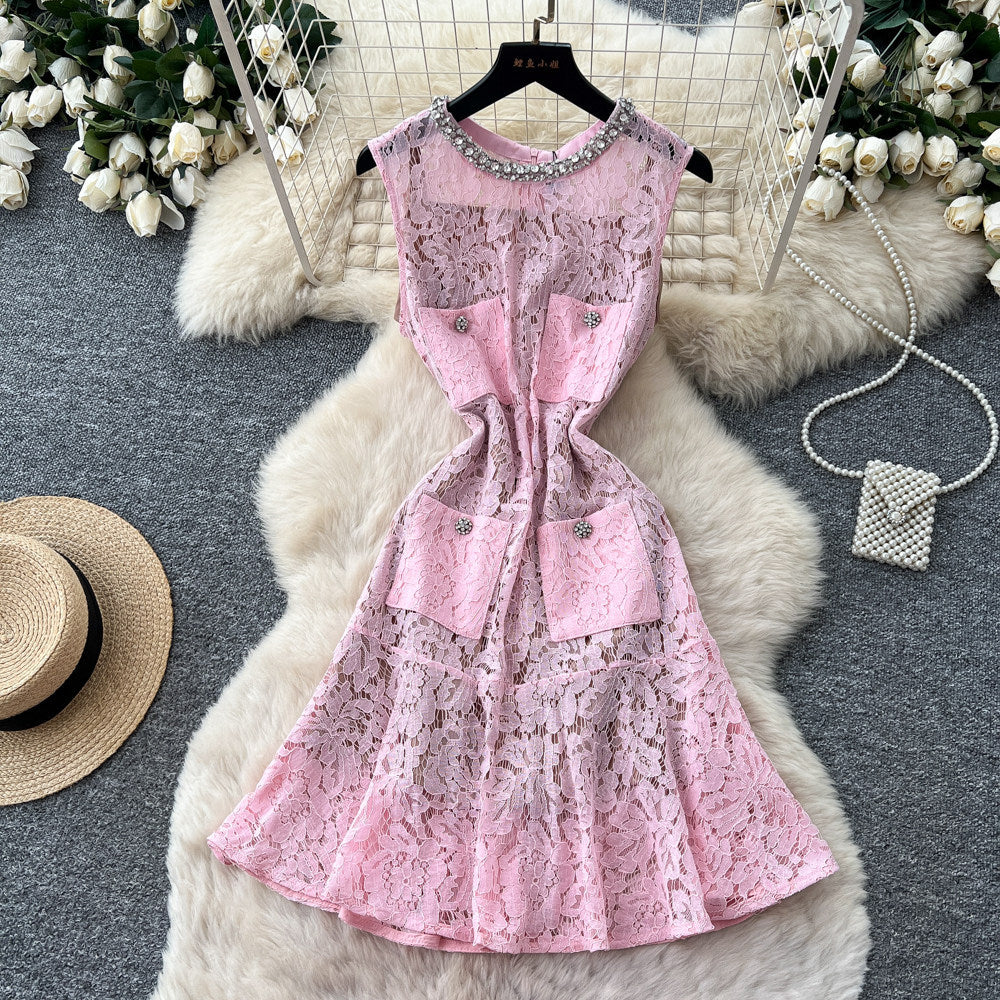 Qianjin feng heavy industry diamond round neck water soluble lacecut out sleeveless dress women's k-stylehigh waistwork clothing silm