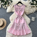 Qianjin feng heavy industry diamond round neck water soluble lacecut out sleeveless dress women's k-stylehigh waistwork clothing silm