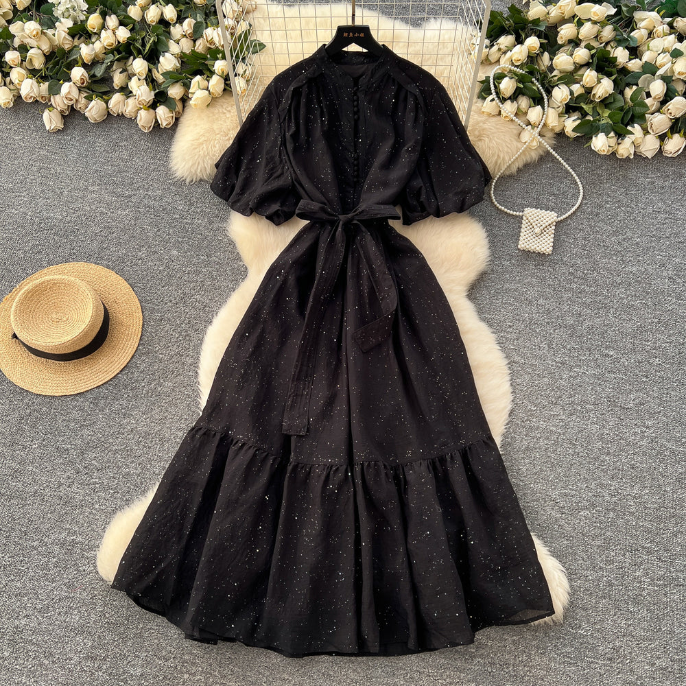 French fashion stand collar lantern sleeve tie-waist dress - slimming, elegant, sparkling ruffle hem maxi dress