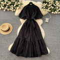 French fashion stand collar lantern sleeve tie-waist dress - slimming, elegant, sparkling ruffle hem maxi dress