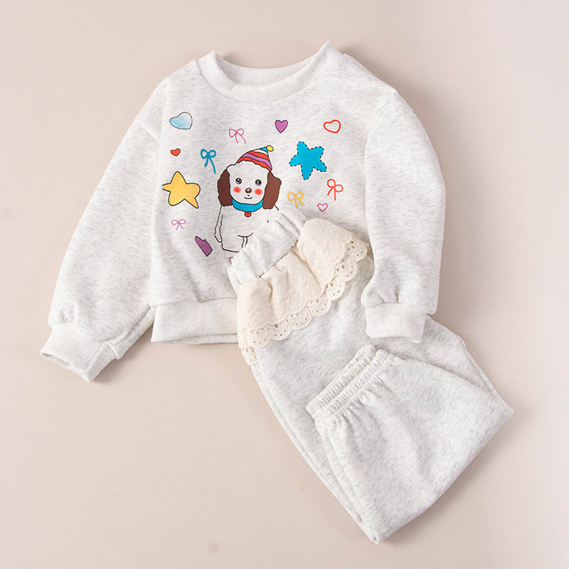 girls' spring/autumn tracksuit set - cartoon lace trim, outdoor two-piece korean style kids' clothing