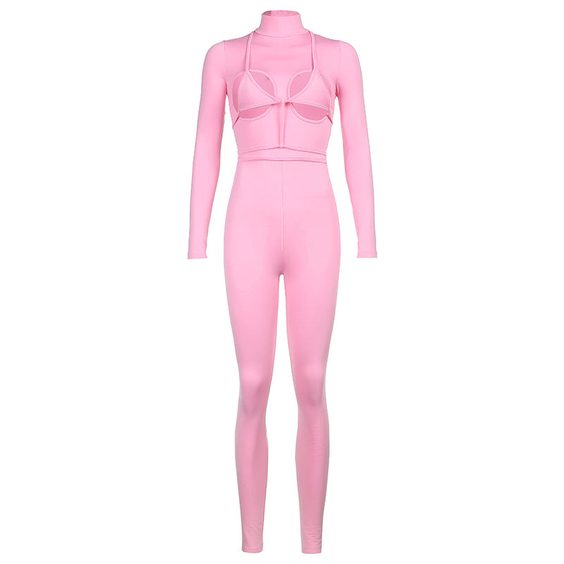 S7567 fashion European and American street sports style solid color hollow jumpsuit with suspender vest set two-piece set