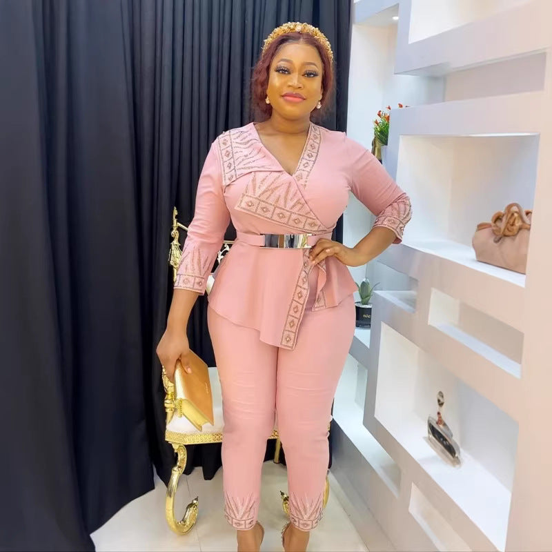 African   new arrival  hot diamond beaded tops pants waist two-piece set olwork clothing women's clothing