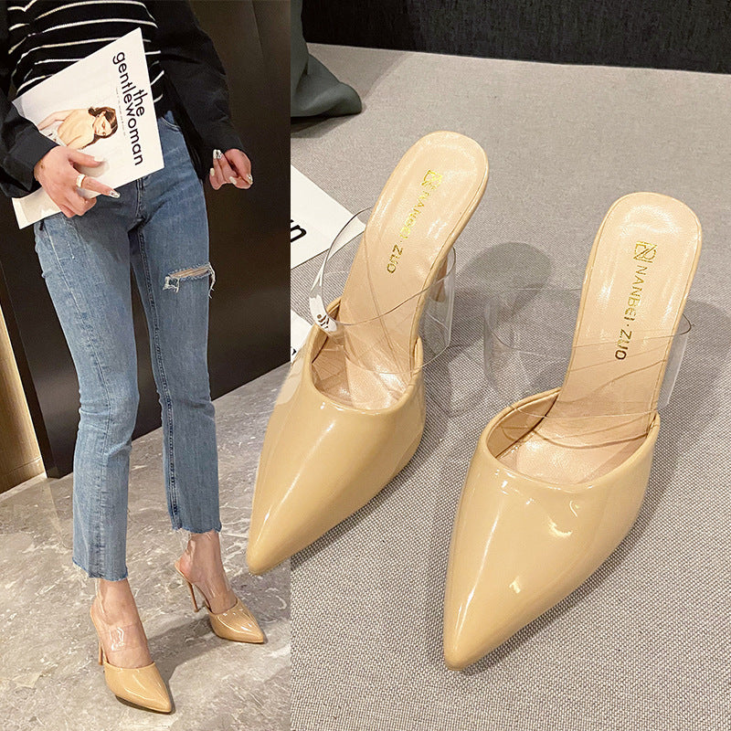 Large size slippers 2022 new Korean version of high-heeled sandals, thin heels, transparent with bag head and half-towed outer slippers