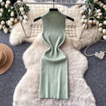 Sophisticated and elegant, this sleeveless, mock-neck knit dress is perfect for women's summer wear. featuring a korean-inspired design, this figure-flattering a-line dress is ideal for both work and casual outings