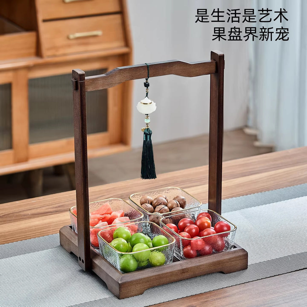 Walnut color fruit plate with handle chinoiseriefor home living room nut plate tea snack plate snack candy dried fruit box compartment plate
