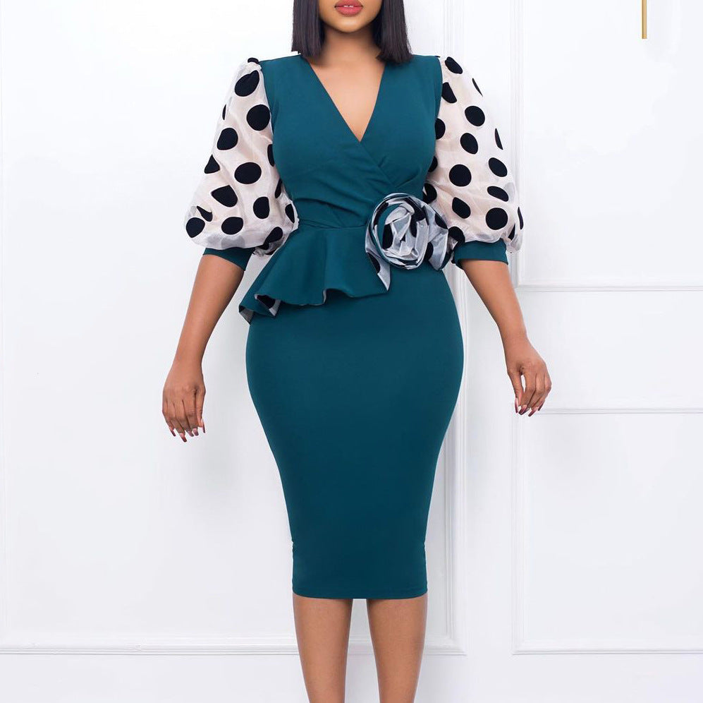 D3166  foreign trade plus size women's clothing  new fashion polka dot mesh patchwork v-neck european and american style dress