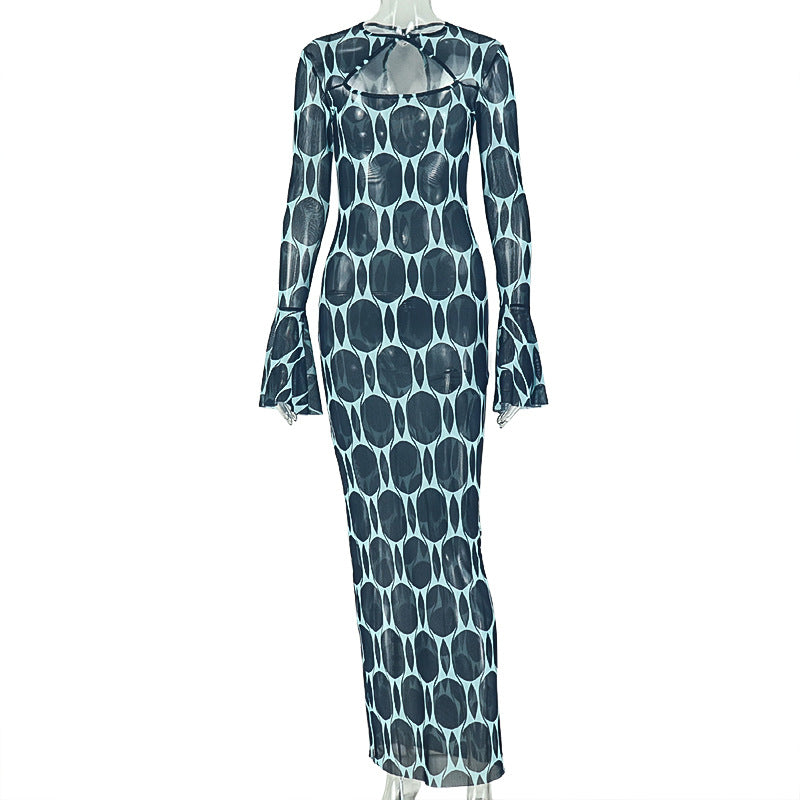 European and american style cross-border fashion women's printed pattern bodycon skirt slim sexy hollow-out long sleeve new dress