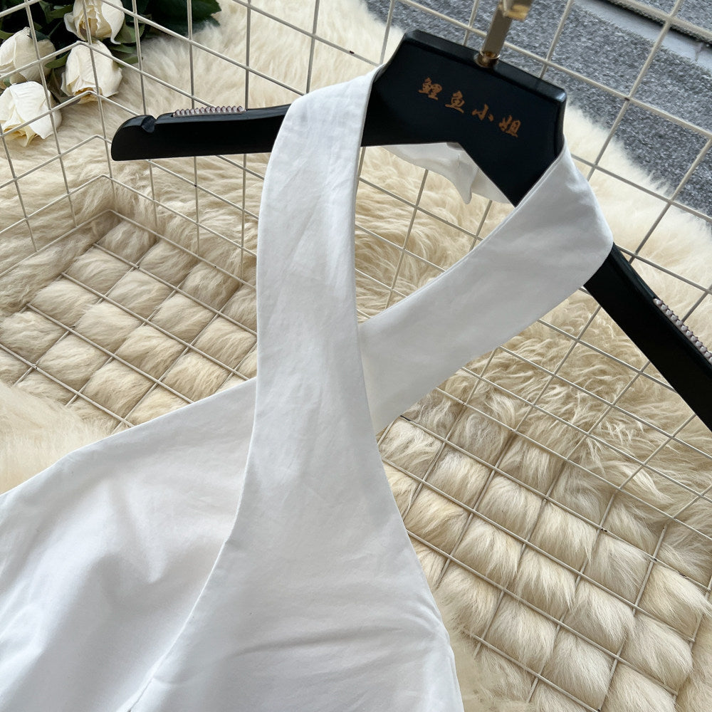 French riviera style white lace trim halter dress - high waist a-line maxi dress for a chic and alluring look