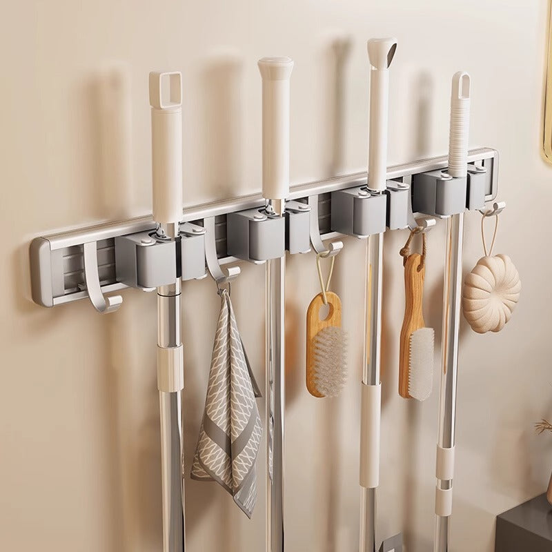 Wall-mounted mop and broom holder, no-drill hook, balcony, bathroom, toilet, snap-on fixed broom storage organizer