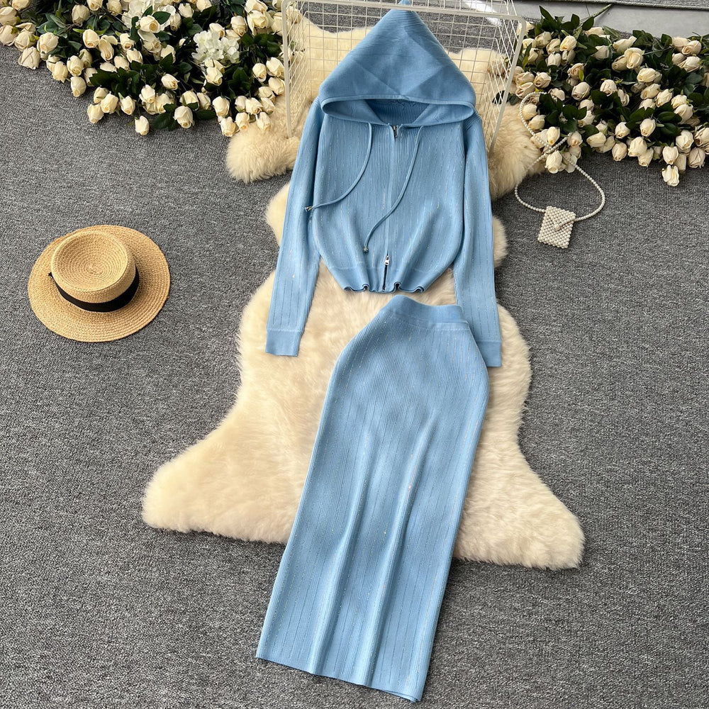 Fall and wintercasualsuitfemale celebrityfashion hot diamond hooded zipper cardigansweateroutwearknitting hip skirt