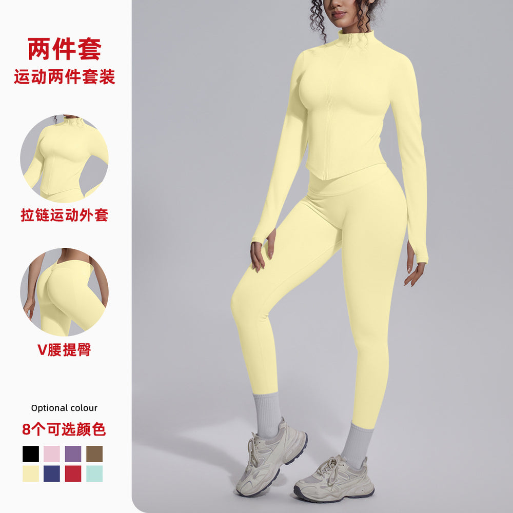 European and american seamless yoga set - slim fit zipper jacket & peach lift butt leggings - women's activewear workout outfit