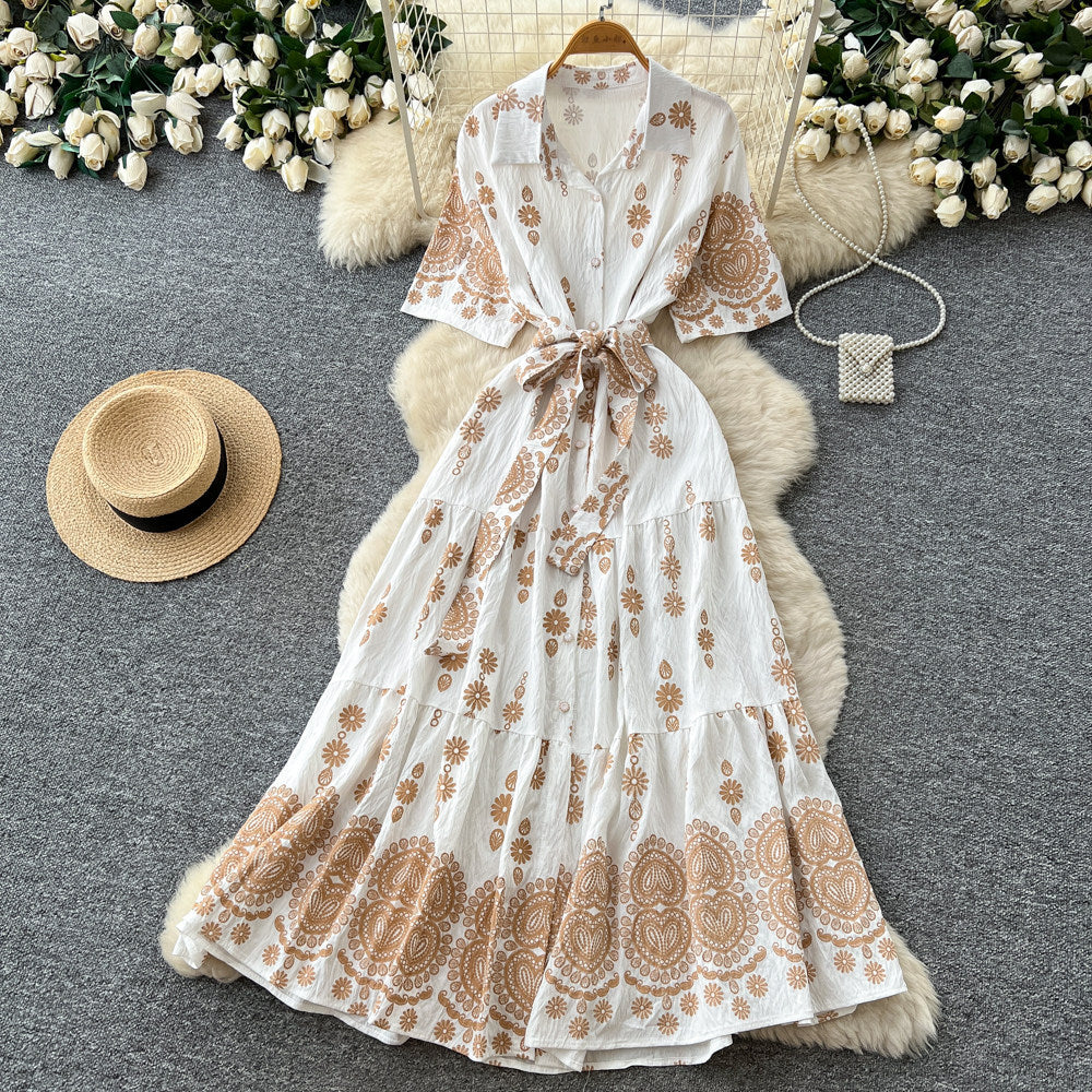 Korean style red printed embroidered dress - women's summer retro high-waisted tie-waist elegant a-line dress - commute outfit