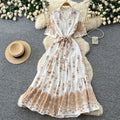 Korean style red printed embroidered dress - women's summer retro high-waisted tie-waist elegant a-line dress - commute outfit
