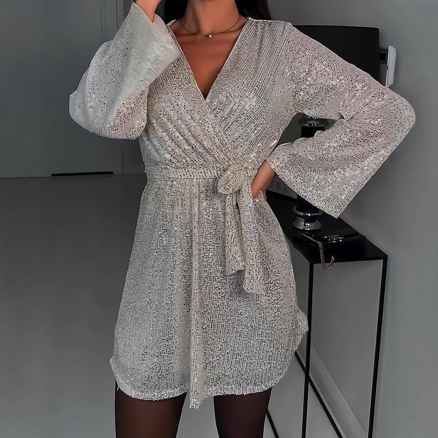 2025 spring collection: new v-neck sequin dress for women - perfect for aliexpress, ebay, and amazon. featuring a sparkling sequin design, long sleeves, and a nightclub/ins style