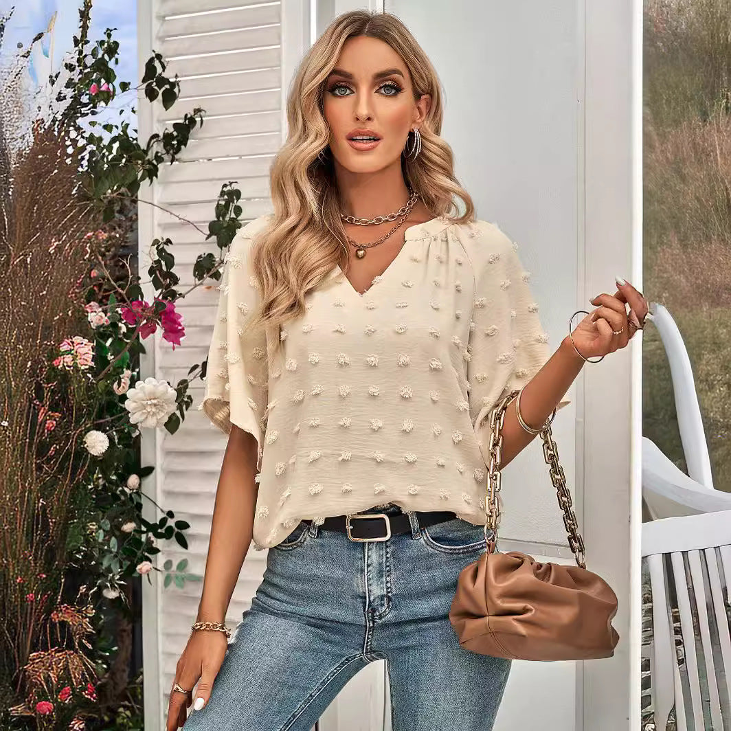 2024 European and American spring and summer new  popular  women's clothing casual style V-neck solid color hairball top women