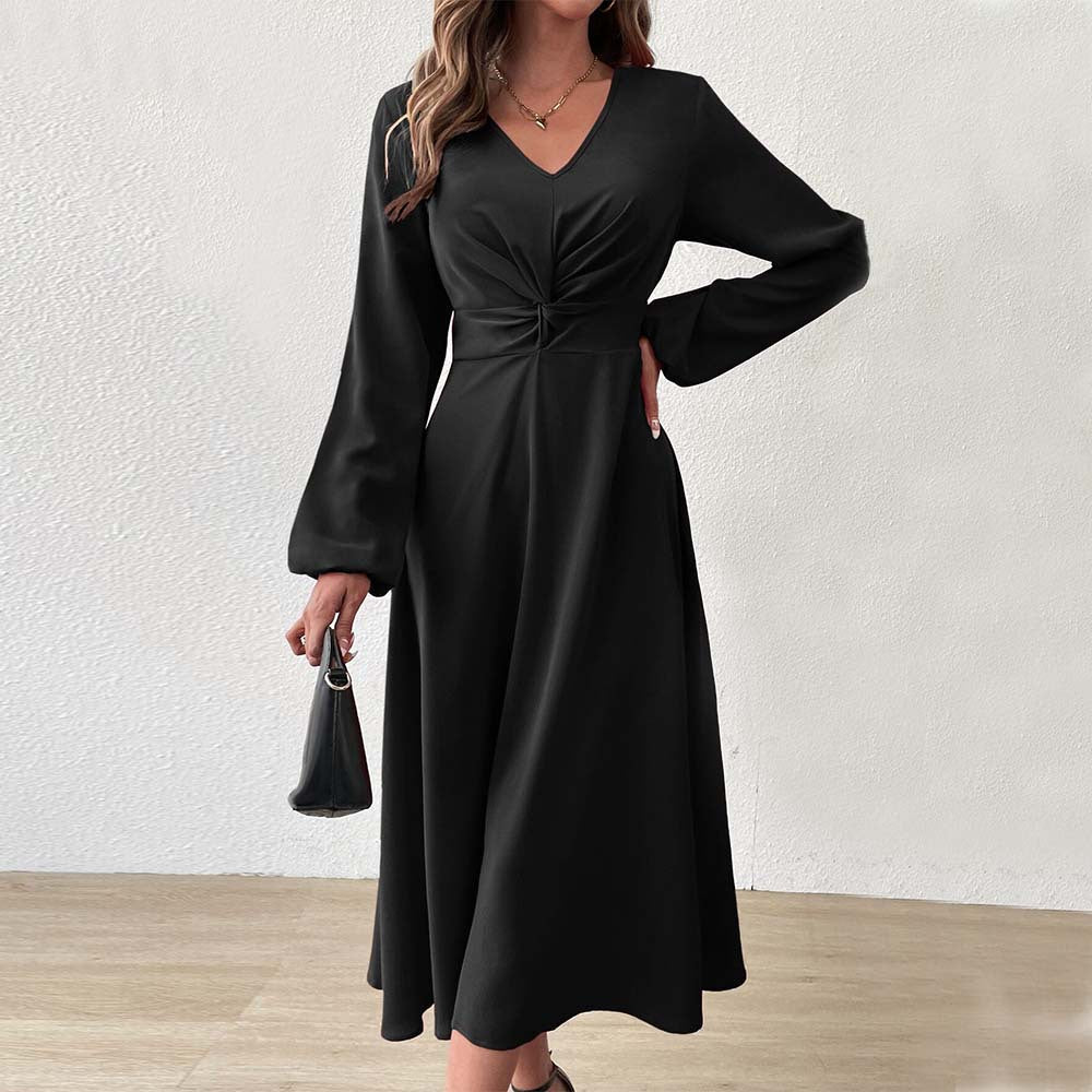 cross-border french chic v-neck dress - autumn/winter elegant a-line high-waisted midi dress