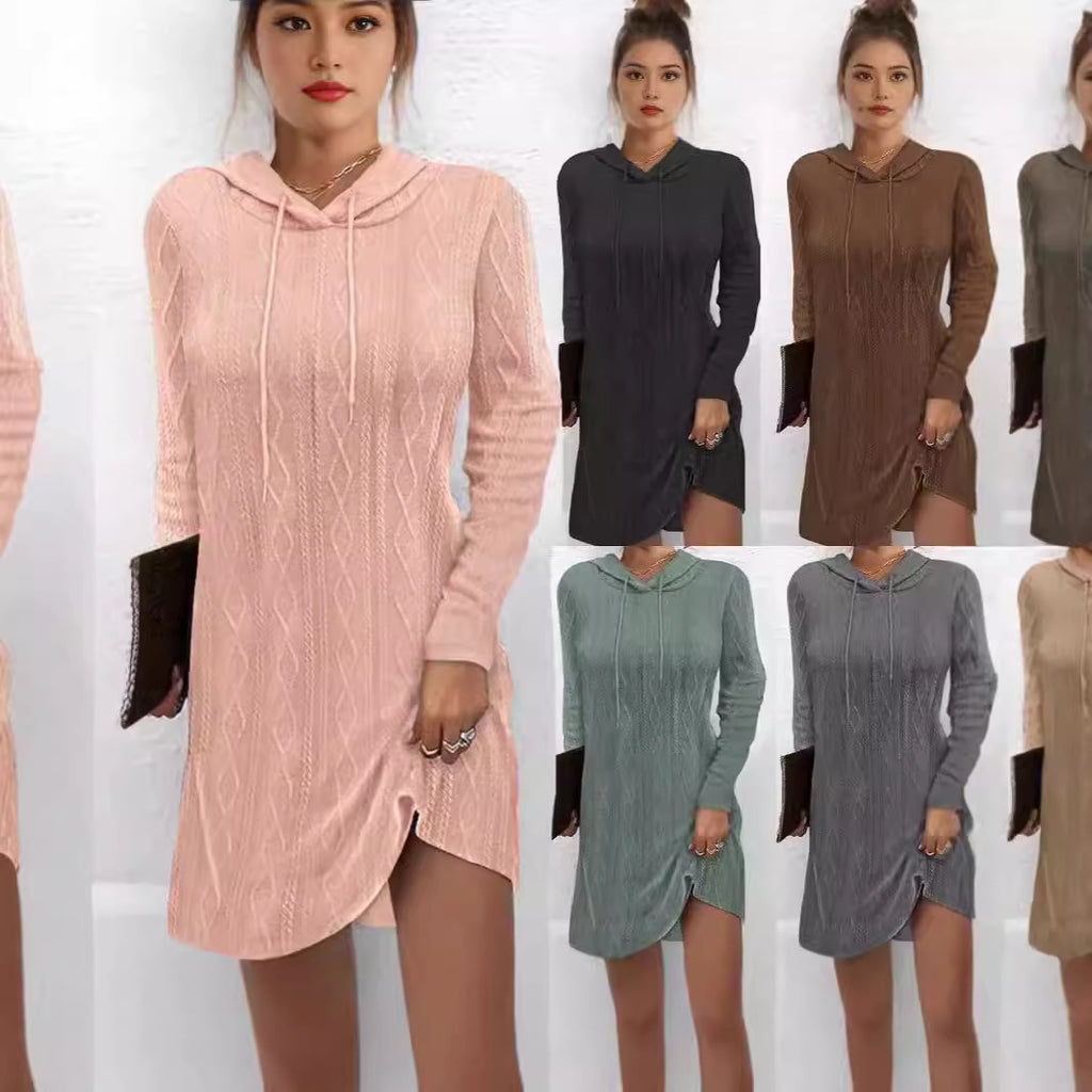 European and American   independent station 2024 solid color long-sleeved hooded pullover knitted dress women