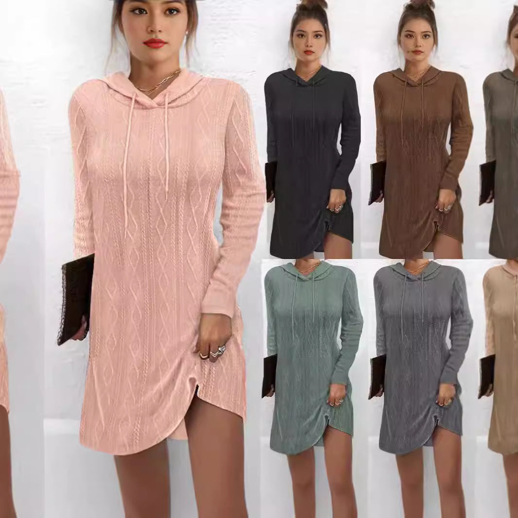 European and American   independent station 2024 solid color long-sleeved hooded pullover knitted dress women