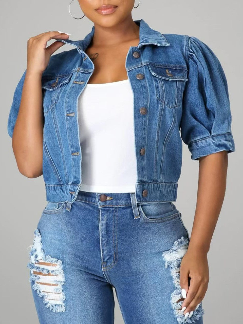 Amazon denim jacket women's hot selling new denim jacket short sleeve fashionable retro denim outerwear cross-border