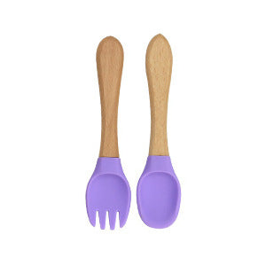 Factory direct sales silicone wooden handle complementary food fork and spoon  baby spoon baby training eating fork and spoon set wholesale
