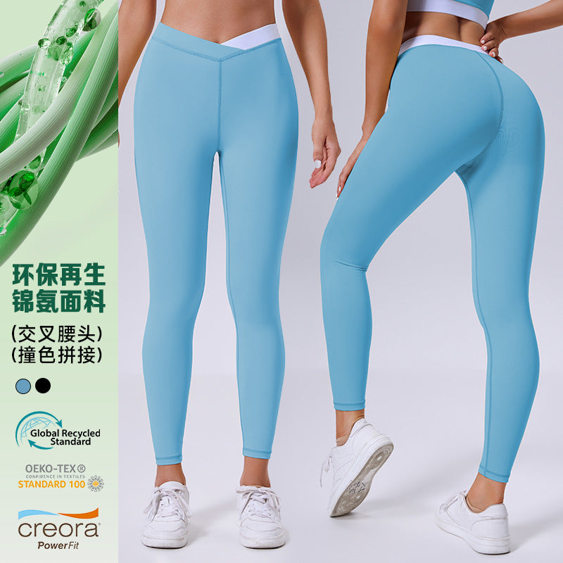 Eco-friendly recycled fabric high-waisted crossover color block yoga pants - tight fit, butt-lifting, workout leggings - barely-there feel activewear for women