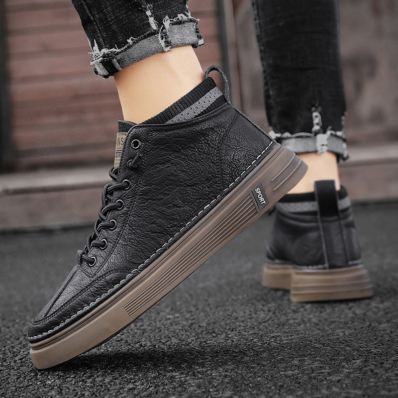 2025 new spring men's shoes: spring work trendy high-top sneakers, casual leather shoes, martin boots, versatile fashion sneakers
