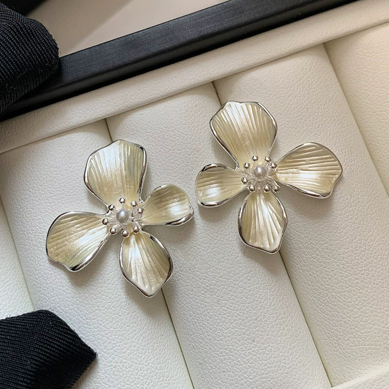 Sterling silver needle stylishniche styleclassy white enamel flower earrings iris flower blooming popularelegantclassy earrings