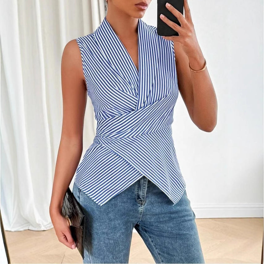 summer cross-border  women's striped sleeveless v-neck button-down shirt with back tie
