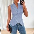 summer cross-border  women's striped sleeveless v-neck button-down shirt with back tie