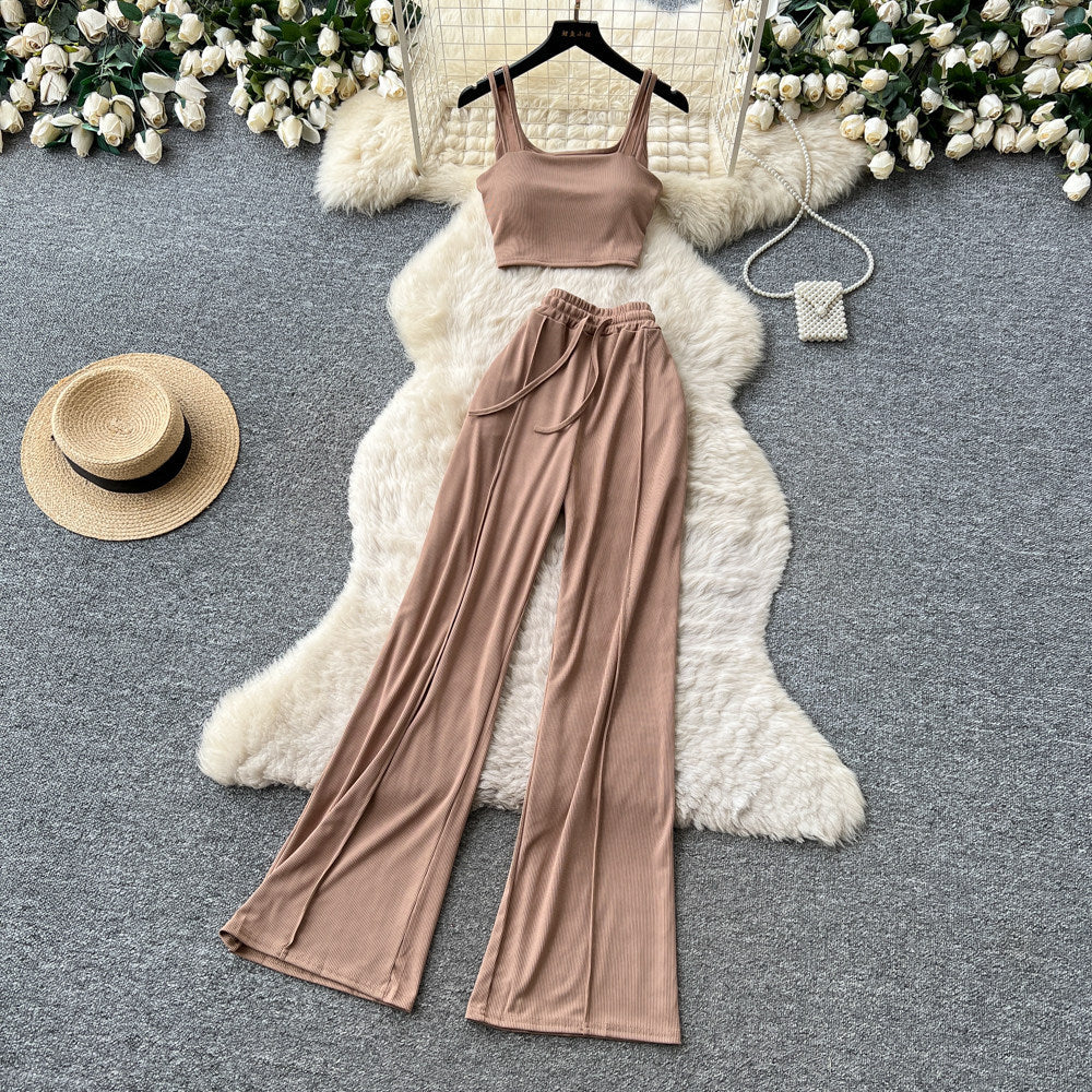 Korean style commute-friendly slim-fit tank top & high-waisted wide-leg pants set - women's summer minimalist casual slimming draped two-piece outfit