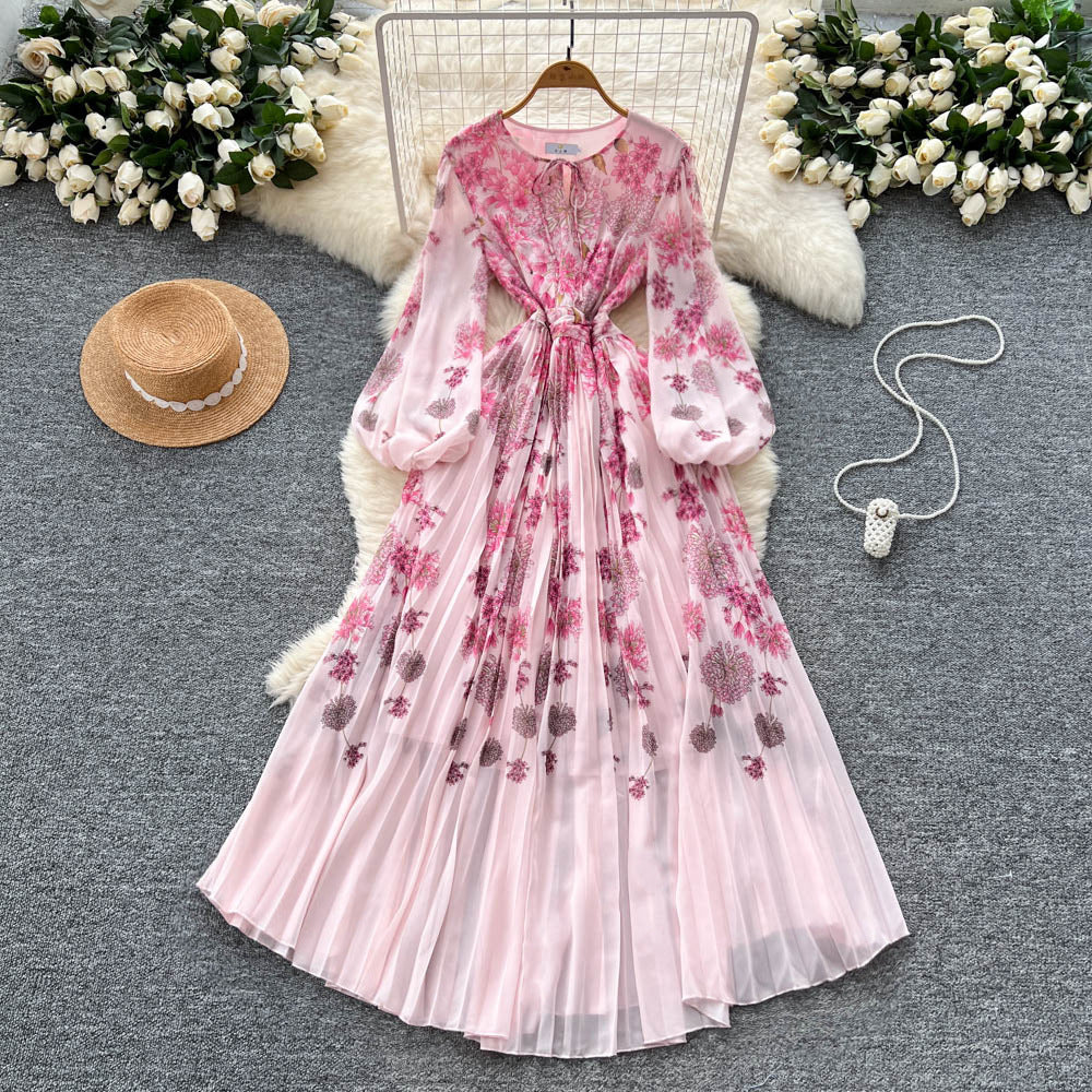 French chic dress - new  collection: high-end, figure-flattering, round neck, lantern sleeve, placement print, pleated maxi dress