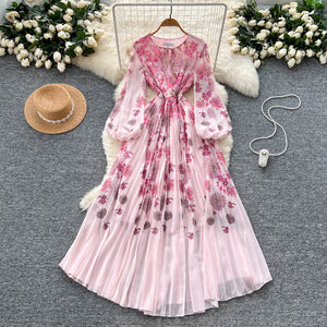French chic dress - new  collection: high-end, figure-flattering, round neck, lantern sleeve, placement print, pleated maxi dress