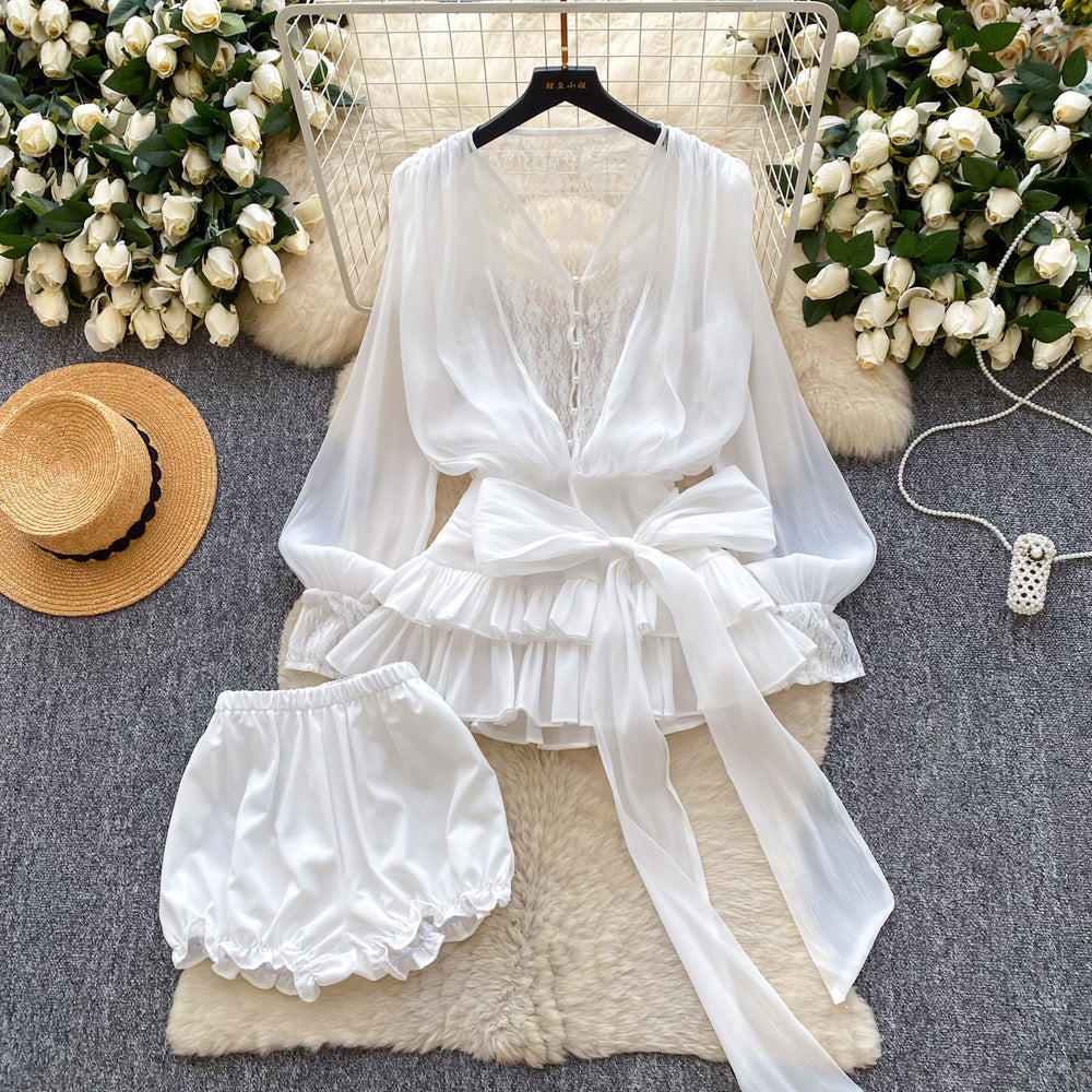 Fairy atmosphere niche stylebows strap waist lacepatchworklong sleevesruffles mesh dressshorts