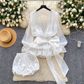Fairy atmosphere niche stylebows strap waist lacepatchworklong sleevesruffles mesh dressshorts