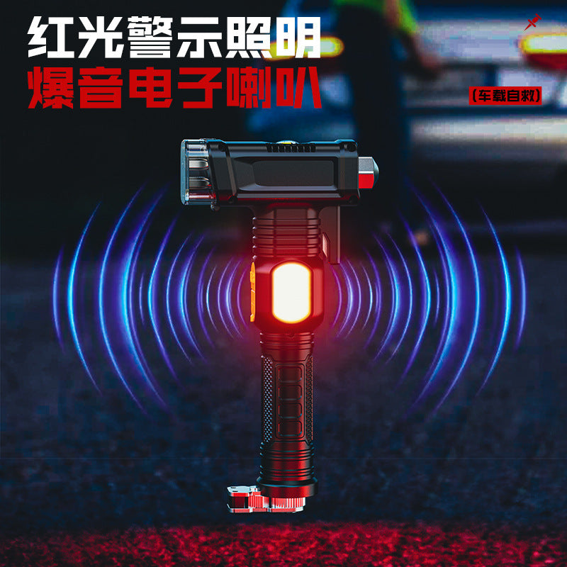 Cross-border new multi-function safety hammer white laser flashlight USB charging red light warning beep LED work light