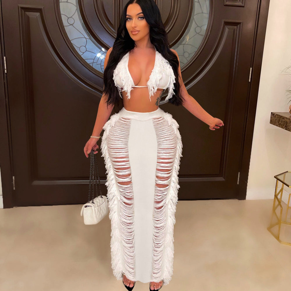 Source factory  summer new european and american style women's sexy tassel knit beach dress set -  hot seller