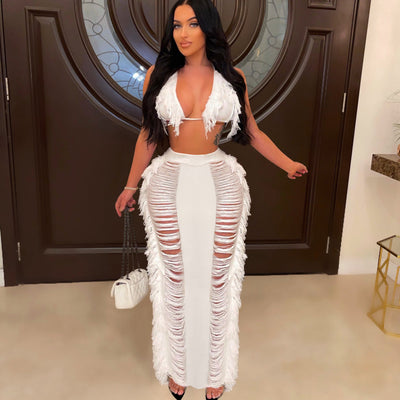Source factory  summer new european and american style women's sexy tassel knit beach dress set -  hot seller