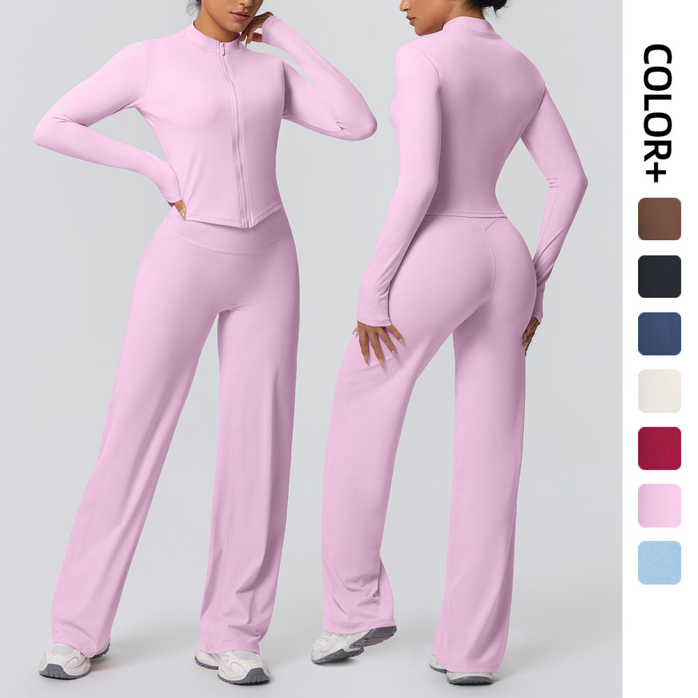 High-waisted, wide-leg, straight-leg pants with a cloud-like feel, quick-drying, zippered jacket, yoga outfit, outdoor casual running fitness sportswear set
