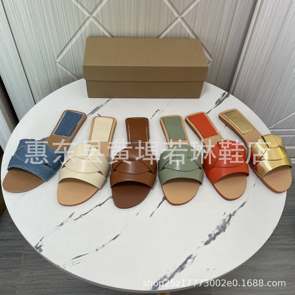 Za2026 summer new women's shoes square toe criss-cross flat sandals simple versatile slides women's outdoor slippers