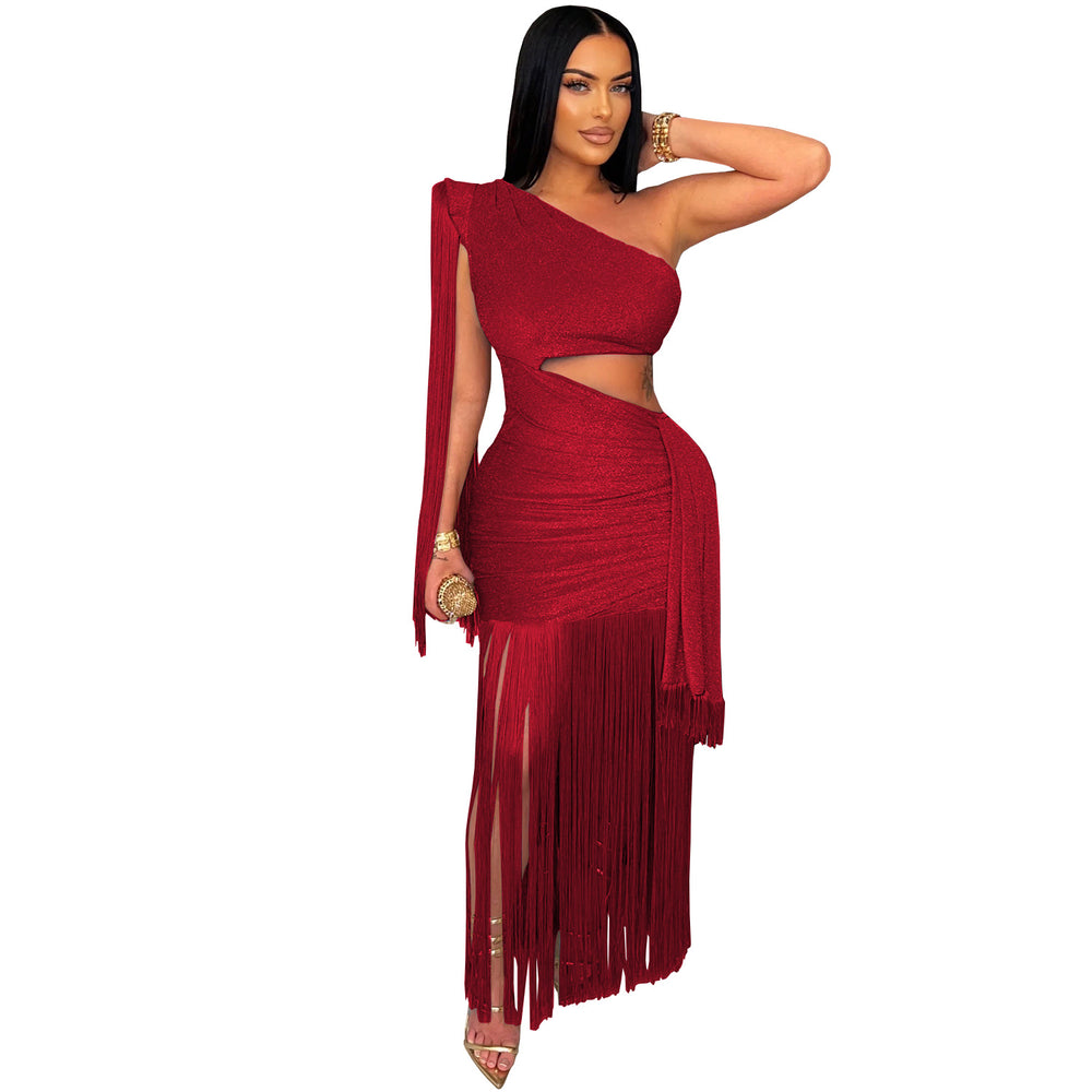 C7428 cross-border   fashion women's sexy casual one-shoulder tassel maxi dress