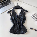 Retro hot girl v neck strap pu leather camisole women's silmslimming looksexyshorttopssummer