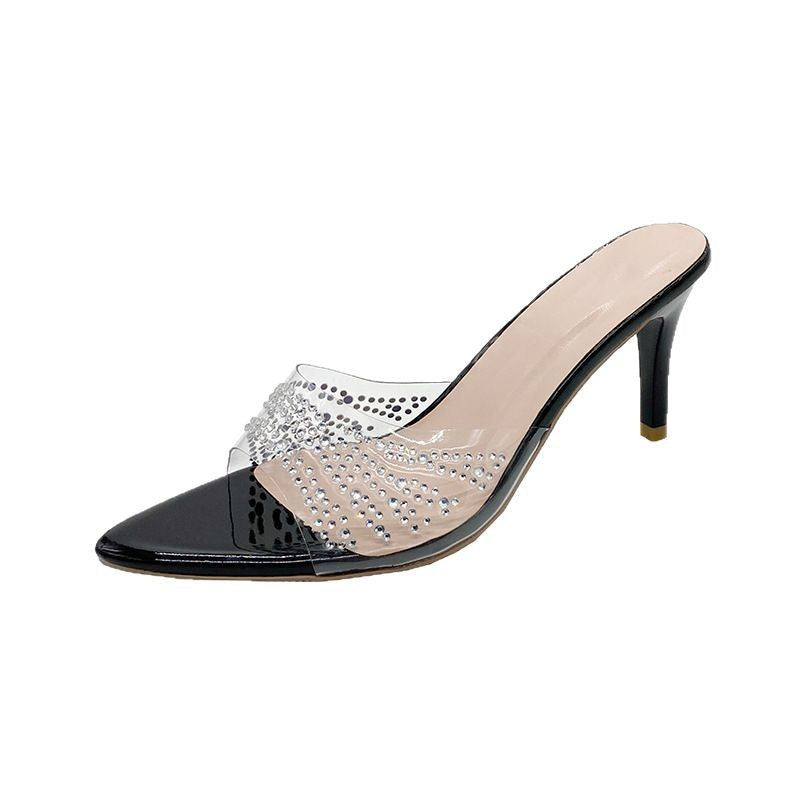 Transparent rhinestone stiletto sandals - 2025 new arrival, plus size, european & american style, spring/summer new collection, solid color pointed toe high heel slippers for women