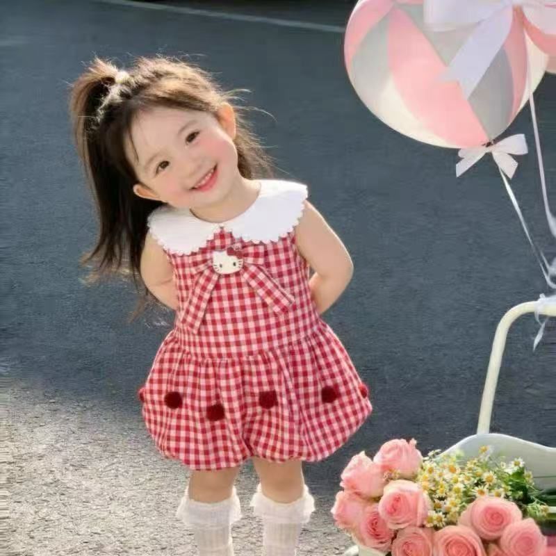 Summer new bowknot tank top princess dress for girls, korean style cartoon cat sweet plaid fresh dress
