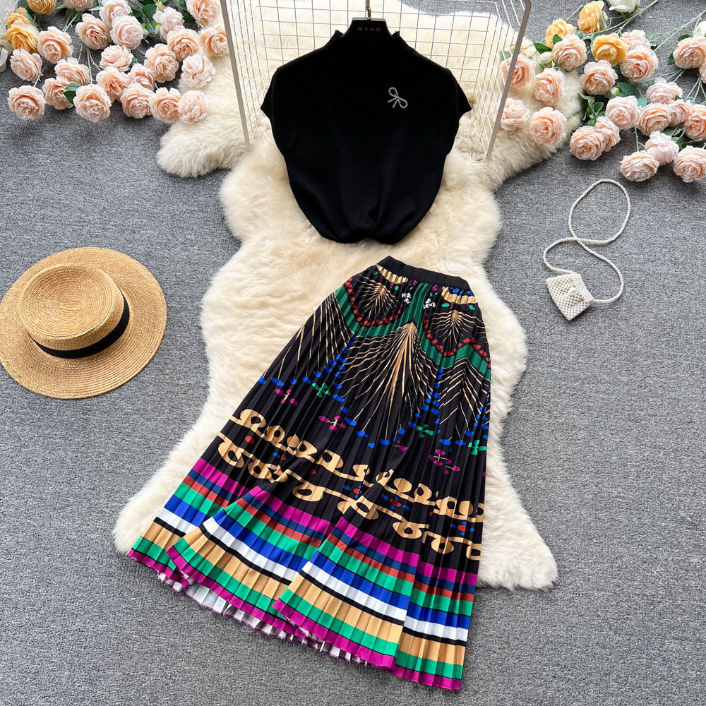 Vintage chic women's summer set: high-end design sleeveless blouse top + pleated maxi skirt two-piece outfit